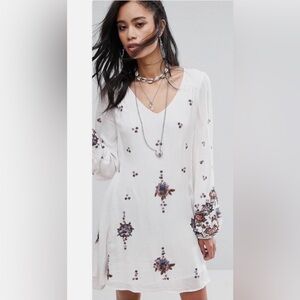 FREE PEOPLE Oxford Embroidered Mini Dress Ivory White Floral Boho Size S